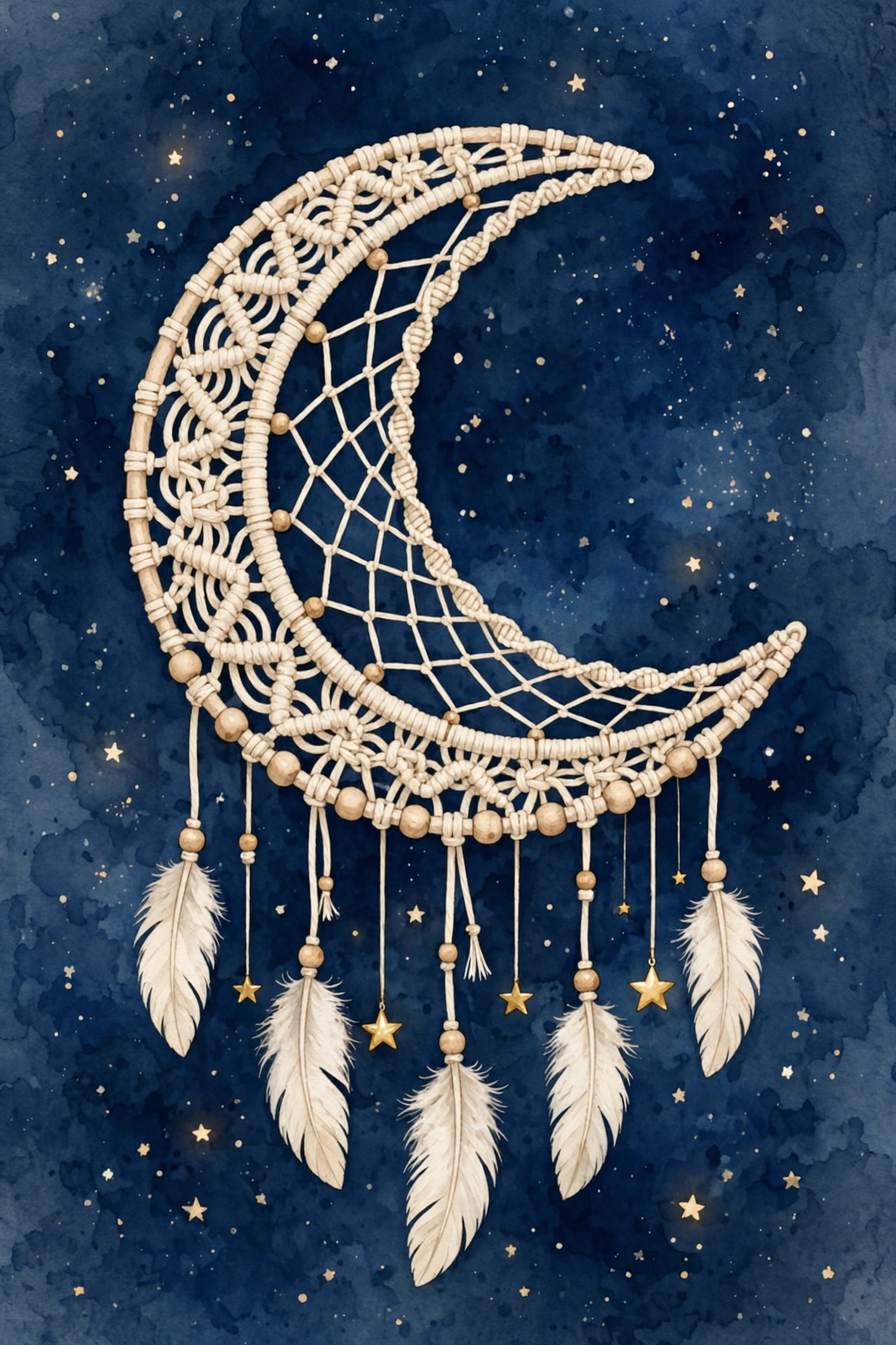 Illustration d'un attrape-rêves en macramé en forme de croissant de lune, avec plumes blanches et petites étoiles dorées