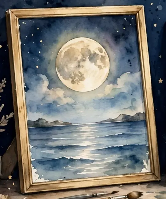 La peinture « Pleine lune sur la mer » de Kathy, dans son cadre doré : une pleine lune dorée au-dessus d'une mer calme, sous un ciel bleu minuit étoilé