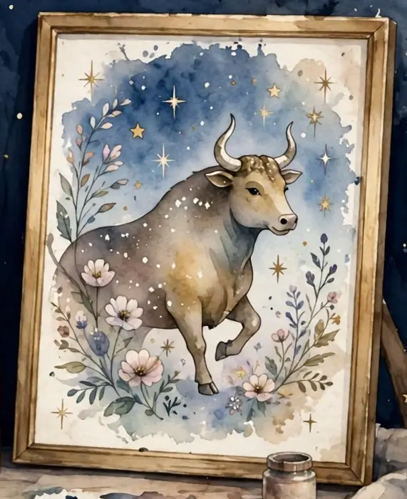 La peinture « Taureau parmi les étoiles » de Kathy, dans son cadre doré : un taureau paisible entouré de fleurs, sous un ciel étoilé bleu minuit